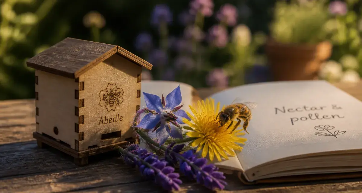 Plantes mellifere : fleurs mellifères et abeille sur table de jardin