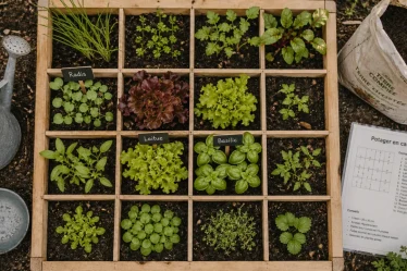 Potager en carre jardin : vue de dessus d’un potager en carré 9 cases