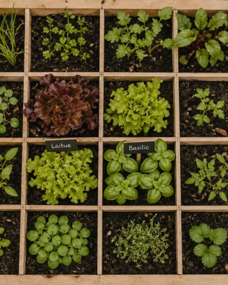 Potager en carre jardin : vue de dessus d’un potager en carré 9 cases
