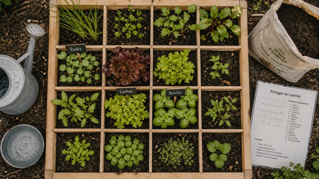 Potager en carre jardin : vue de dessus d’un potager en carré 9 cases