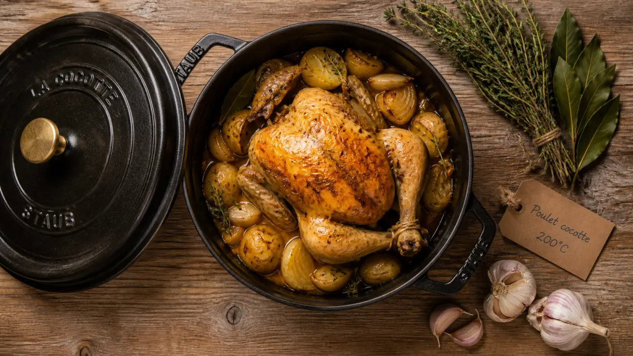 Poulet au four cocotte fermée à 200°C, poulet rôti en cocotte