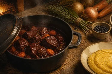 Recette daube de sanglier au vin rouge fondante, cocotte en fonte, polenta crémeuse