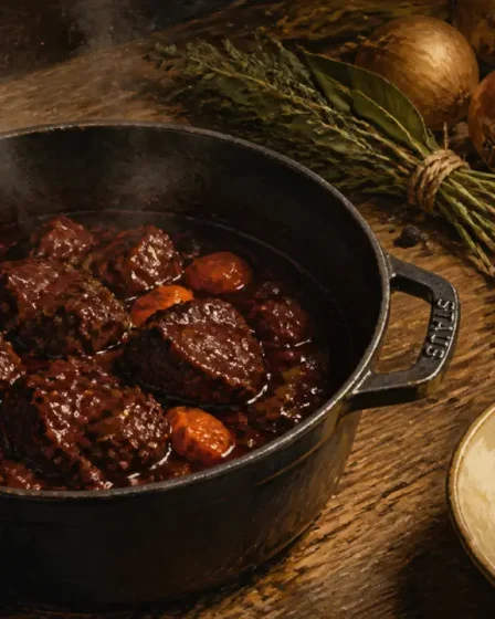 Recette daube de sanglier au vin rouge fondante, cocotte en fonte, polenta crémeuse