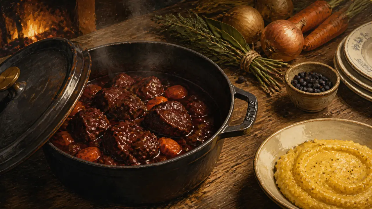 Recette daube de sanglier au vin rouge fondante, cocotte en fonte, polenta crémeuse