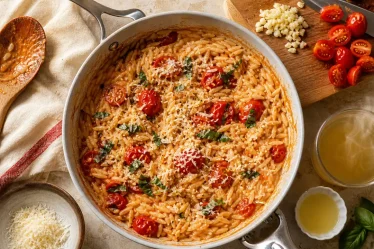 Recette orzo crémeux tomates parmesan, vue de dessus