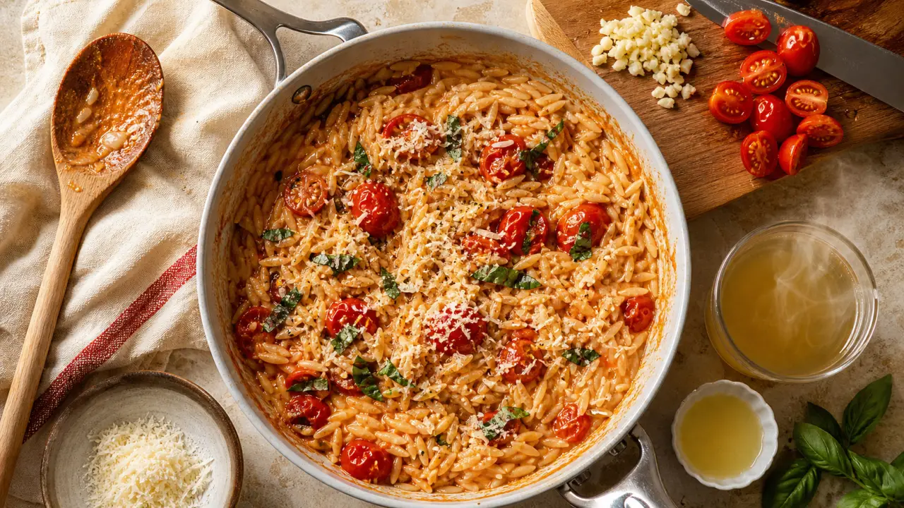 Recette orzo crémeux tomates parmesan, vue de dessus