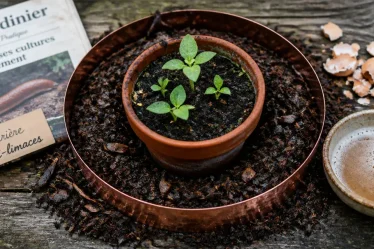 Répulsif naturel limace : ruban de cuivre autour de jeunes pousses