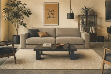 Tapis dans salon bien placé sous le canapé, table et fauteuils