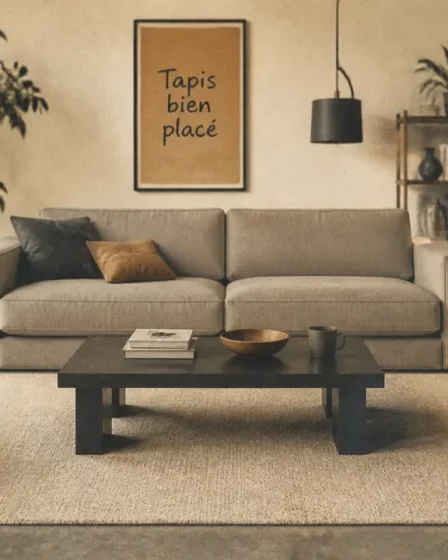 Tapis dans salon bien placé sous le canapé, table et fauteuils