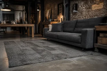 Tapis style industriel devant canapé dans un loft en béton