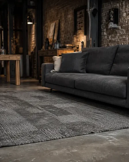 Tapis style industriel devant canapé dans un loft en béton