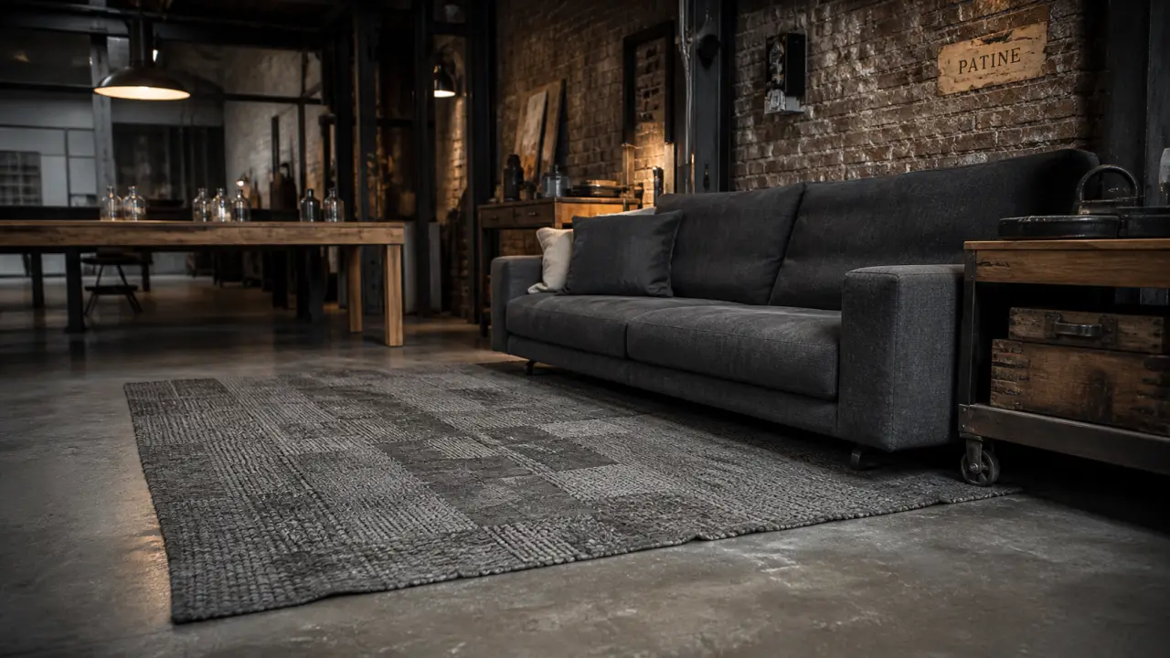 Tapis style industriel devant canapé dans un loft en béton