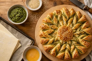 Tarte du soleil pesto, rayons torsadés et pâte croustillante
