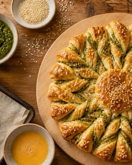 Tarte du soleil pesto, rayons torsadés et pâte croustillante