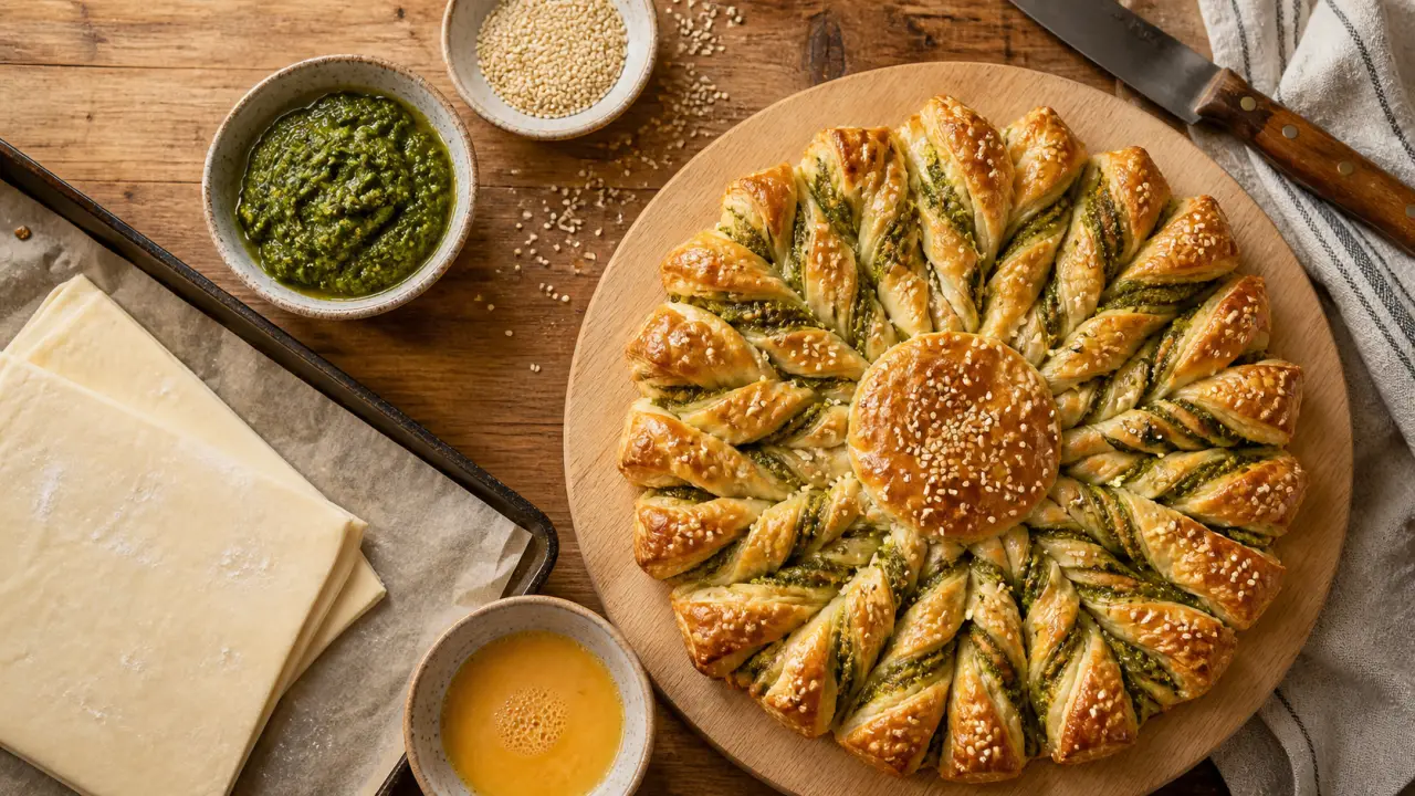 Tarte du soleil pesto, rayons torsadés et pâte croustillante