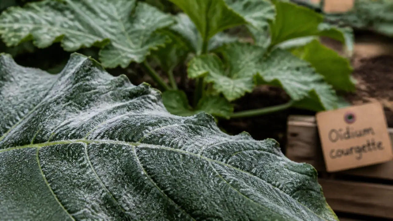 Feuille de courgette avec traitement oidium courgette et voile blanc