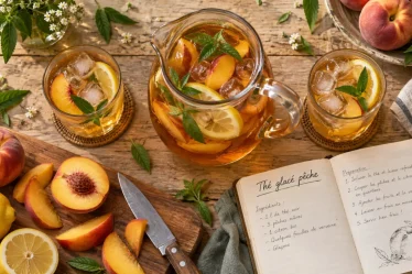 Boissons fraiches : eau infusée au café frappé, thé glacé pêche et citron