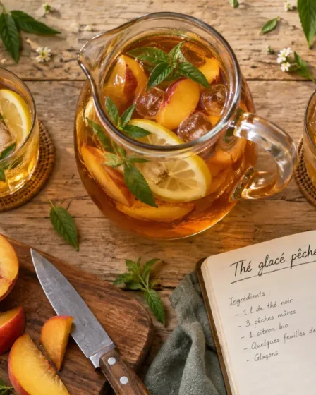 Boissons fraiches : eau infusée au café frappé, thé glacé pêche et citron