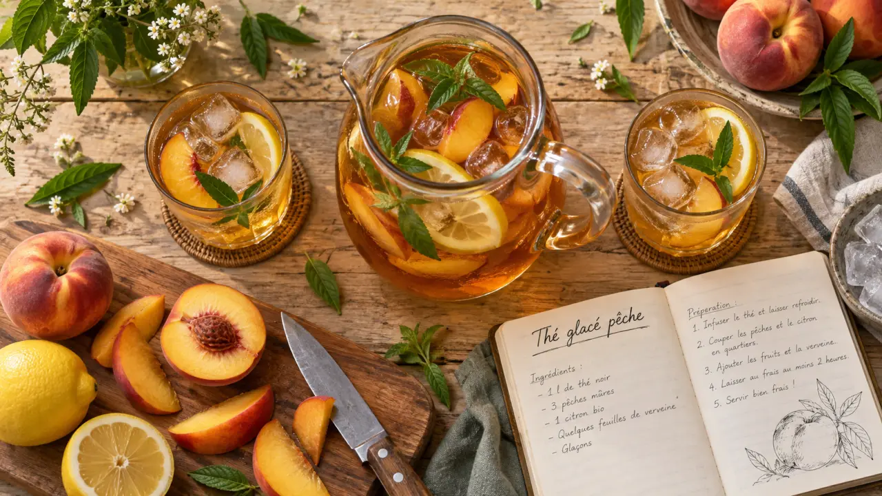 Boissons fraiches : eau infusée au café frappé, thé glacé pêche et citron