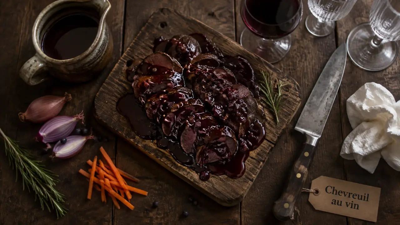 Chevreuil mariné au vin rouge avec sauce brillante