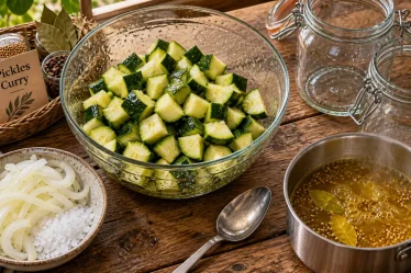 Courgette au vinaigre curry en bocaux, pickles croquants