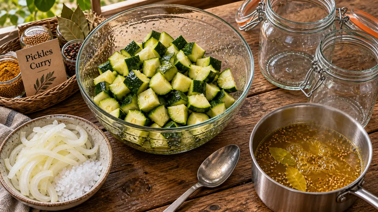 Courgette au vinaigre curry en bocaux, pickles croquants