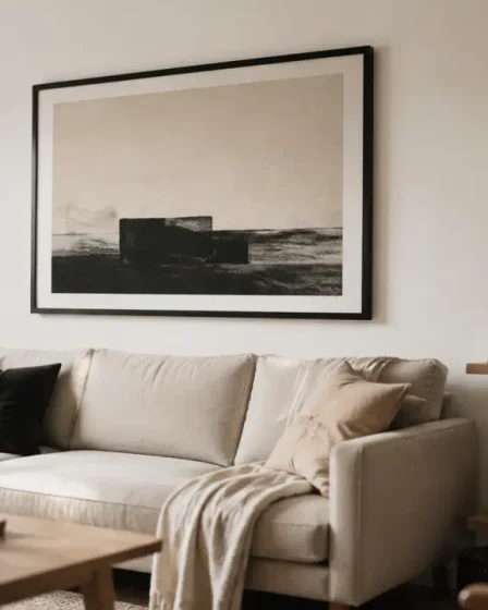 Décorer mur blanc : grand cadre noir, miroir et relief avec lumière naturelle