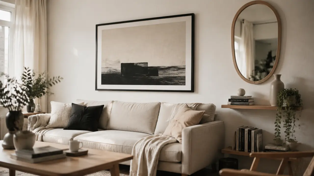 Décorer mur blanc : grand cadre noir, miroir et relief avec lumière naturelle