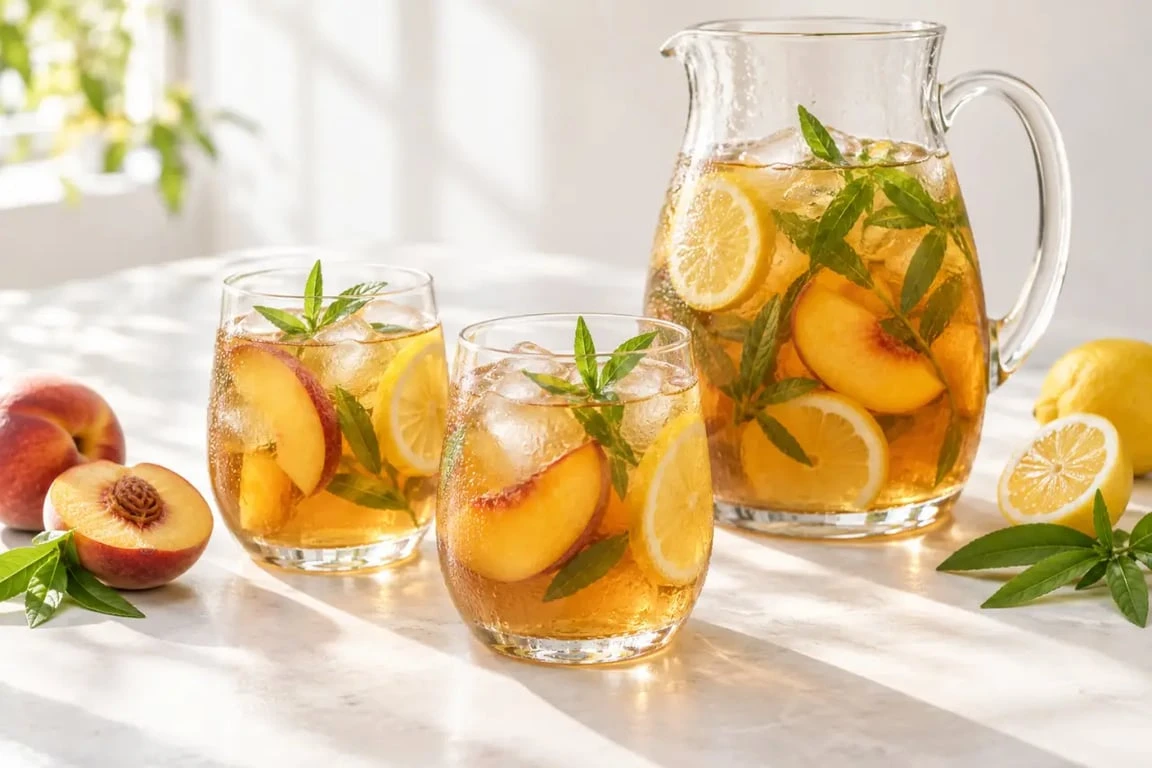 Boissons fraîches maison : thé glacé à la pêche, au citron et à la verveine