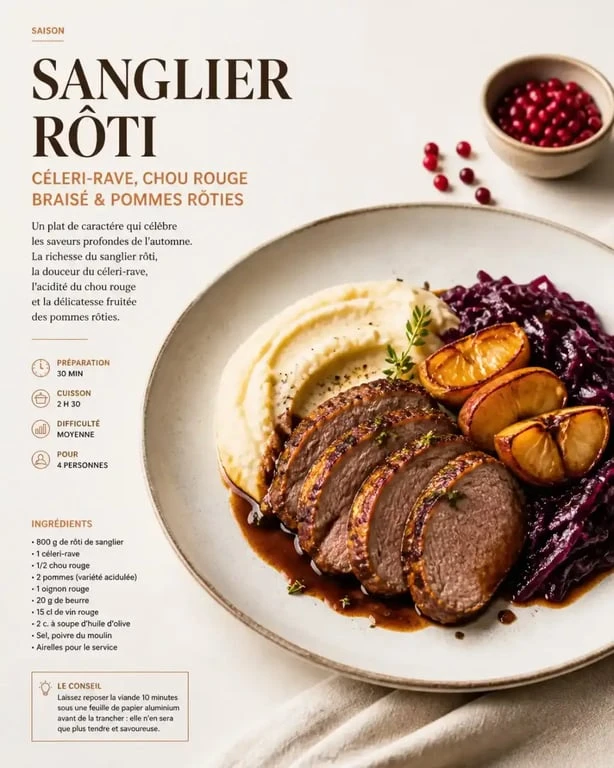 Accompagnement pour sanglier avec purée de céleri-rave, chou rouge, pommes rôties et airelles