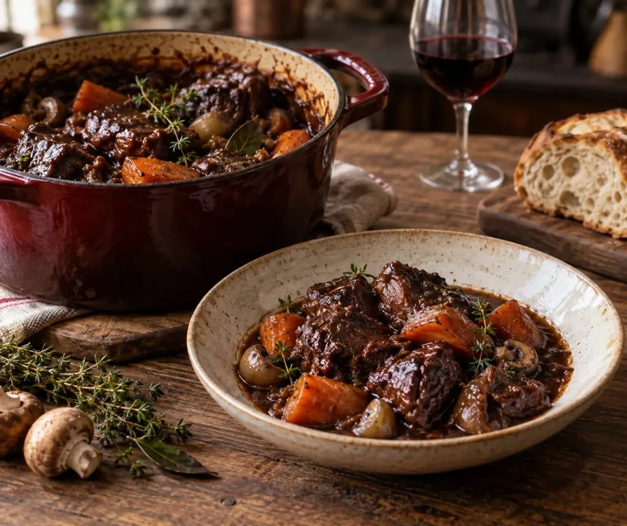 Sanglier mariné au vin rouge mijoté en cocotte, servi avec des légumes