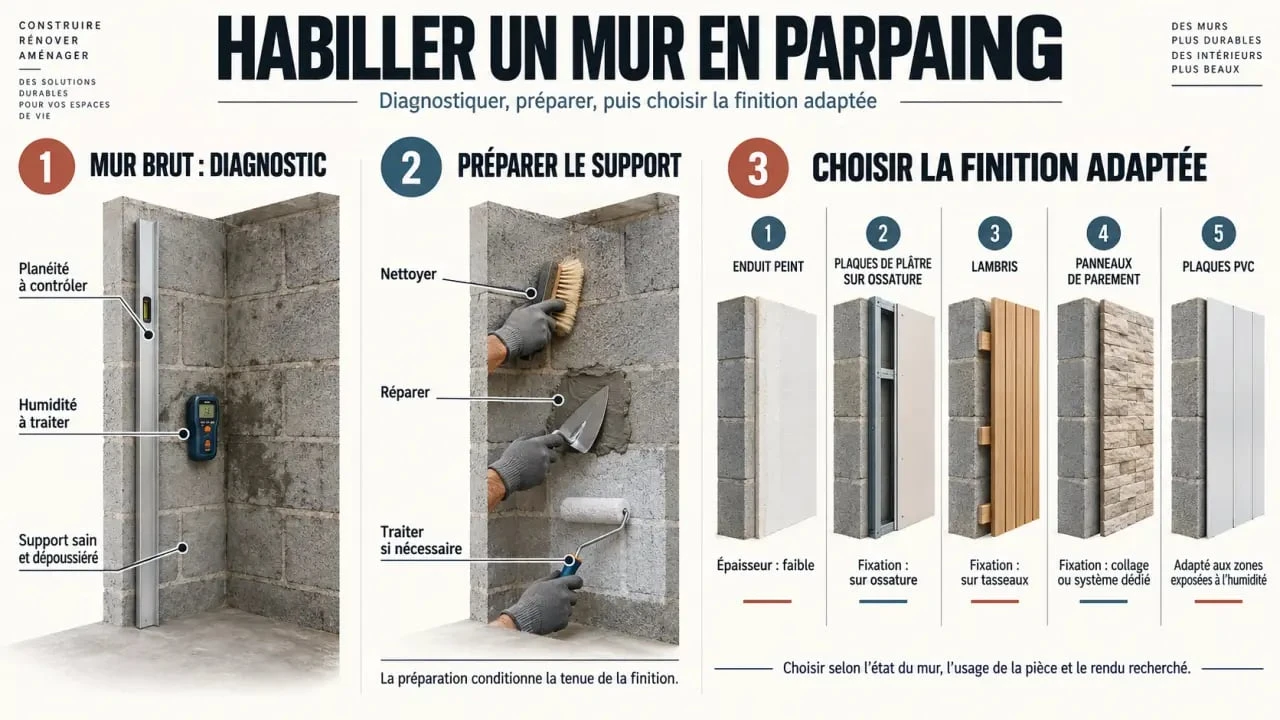 Infographie sur les solutions d’habillage mur parpaing intérieur et leur préparation