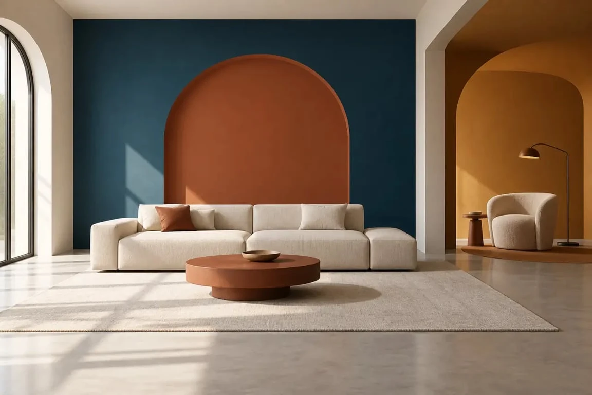 Peinture murale originale avec mur d’accent et arche colorée dans un salon
