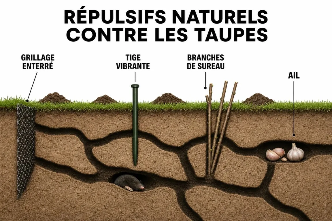 Comment faire fuire des taupes : schéma d’un jardin avec galeries souterraines, taupinières et répulsifs naturels