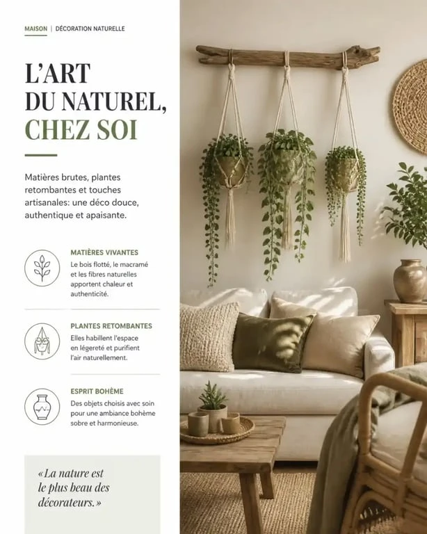 Idées déco bois flotté ambiance nature : suspension de plantes en bois flotté dans un salon