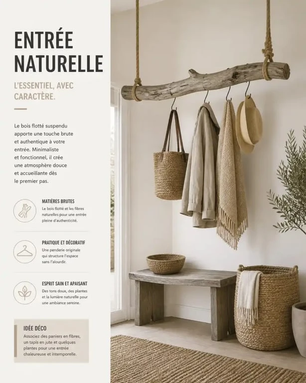 Idées déco bois flotté ambiance nature : penderie suspendue en bois flotté dans une entrée