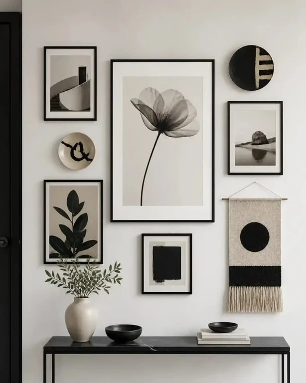 Composition de décoration murale originale avec galerie de cadres et objets décoratifs