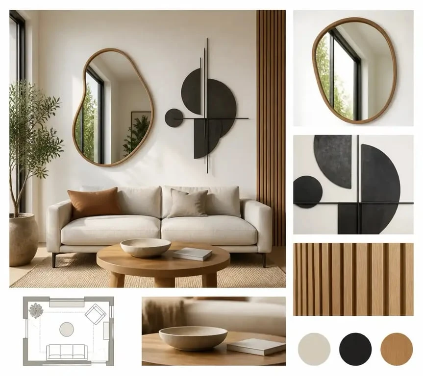 Décoration murale originale avec miroir organique et sculpture en métal dans un salon contemporain