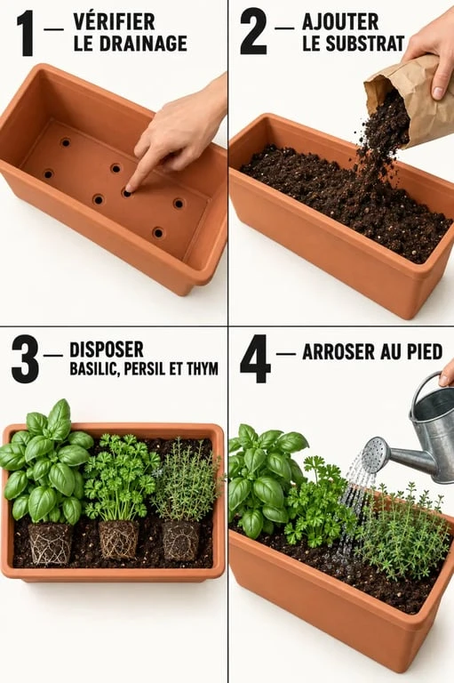 Étapes de préparation d’une jardinière aromatique avec drainage, substrat et plantation des herbes