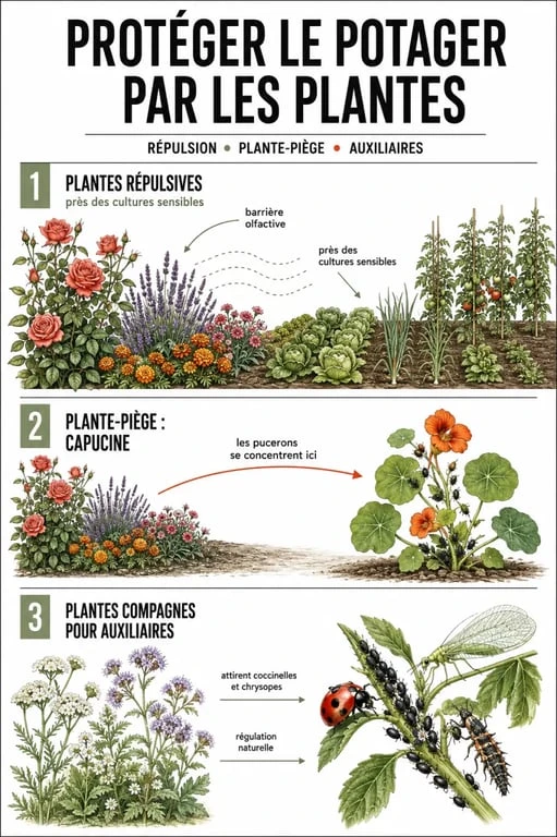 Plante anti pucerons : schéma comparatif des plantes répulsives, pièges et compagnes au jardin
