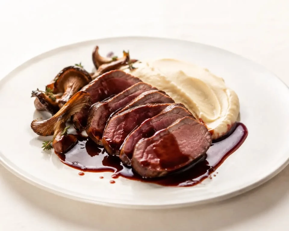 Chevreuil mariné au vin rouge tranché avec sauce et purée de céleri