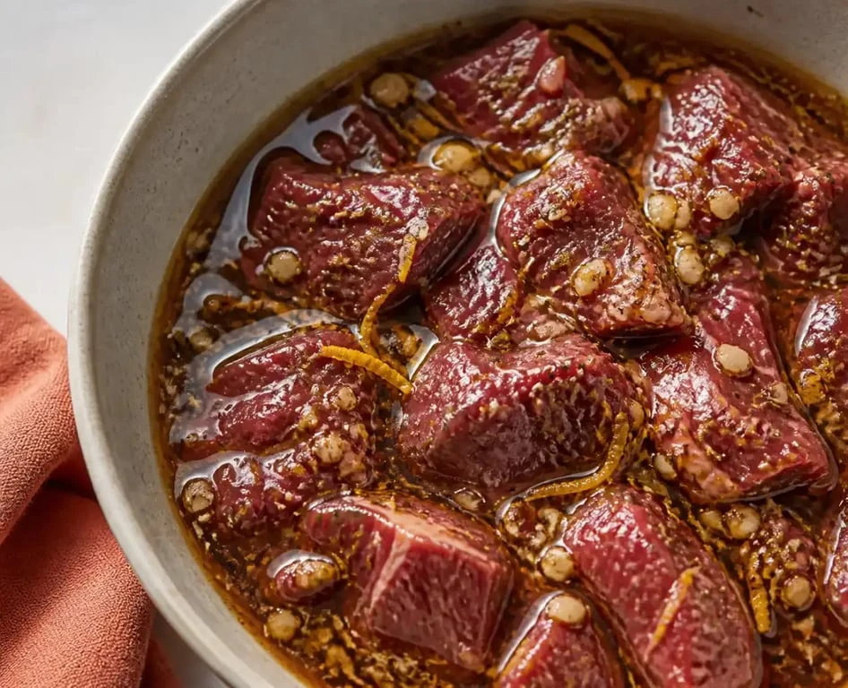 Marinade boeuf maison avec sauce soja, citron et aromates avant cuisson