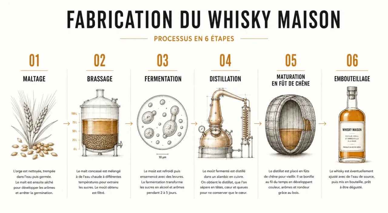Processus du whisky maison de la céréale au verre