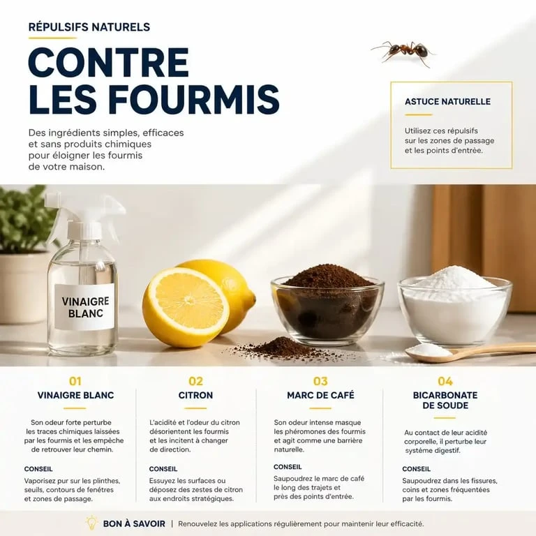 ingrédients répulsif fourmis naturel : vinaigre blanc, citron, marc de café et bicarbonate