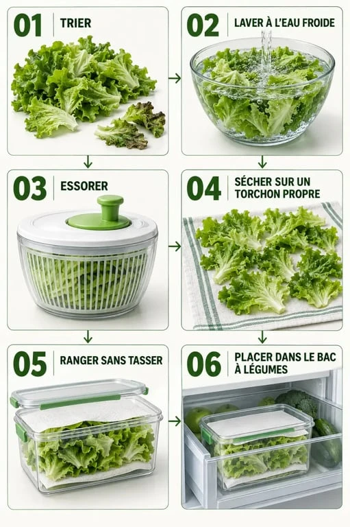 Étapes pour conserver salade au frigo dans une boîte avec papier absorbant