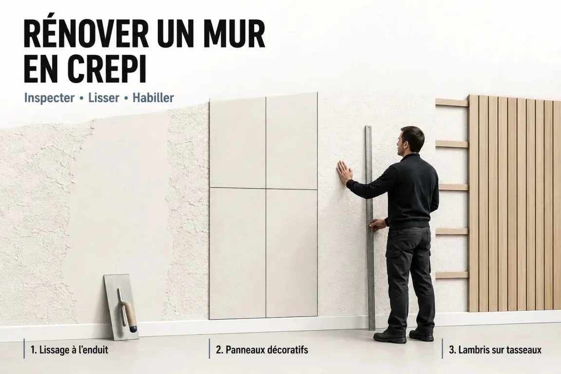 Comment habiller un mur en crepi interieur : diagnostic du relief et choix entre lissage, panneaux décoratifs et lambris