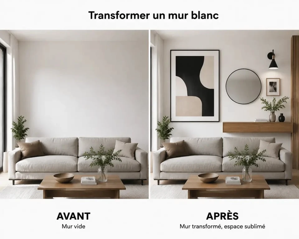 Décorer mur blanc : avant/après d’un salon avec cadres, miroir et bois