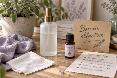 Huile essentielle repulsif chat : barrière olfactive, vaporisateur et bouteille près d’un meuble