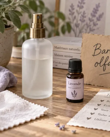 Huile essentielle repulsif chat : barrière olfactive, vaporisateur et bouteille près d’un meuble
