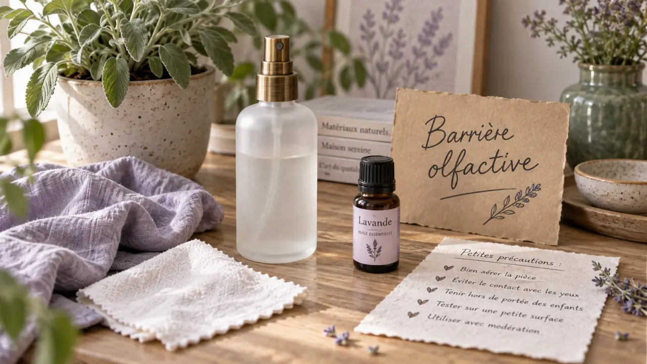 Huile essentielle repulsif chat : barrière olfactive, vaporisateur et bouteille près d’un meuble